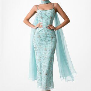 Vintage Y2K Pastel Blue Floral Beaded Bodycon Midi Cocktail Prom Dress Size L